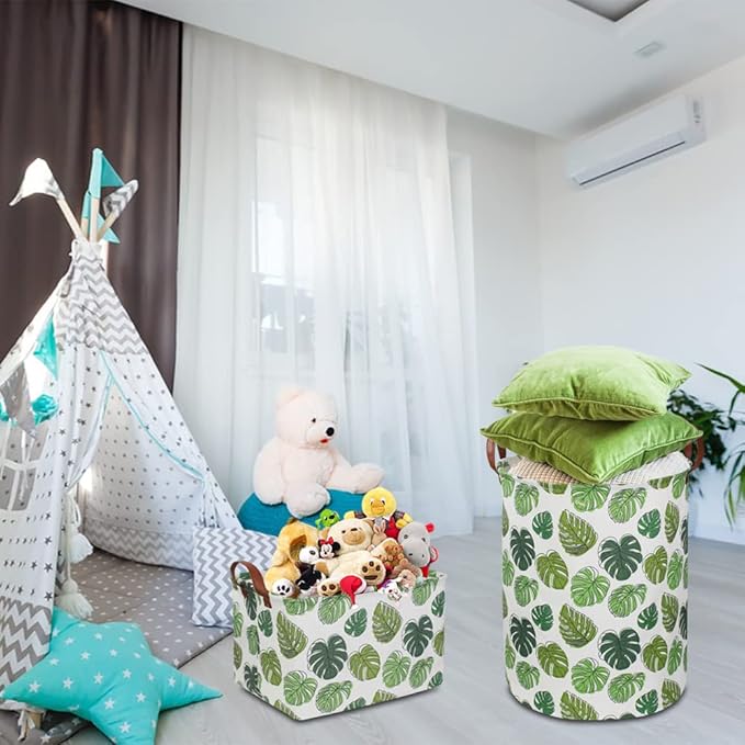 Rectangular Green Storage Basket, Waterproof Safari Nursery Box with Handles for Bedroom, Jungle Theme Gifts Basket, Momstera Decor(Leaf)
