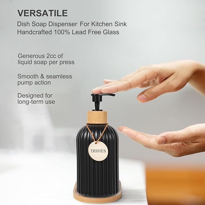 2 Pack ViserVita Glass Hand Soap Dispenser Set with Bamboo Pump, Elegant Refillable Liquid Dish Soap Dispenser with Tray, Perfect for Kitchen Sink and Bathroom Decor