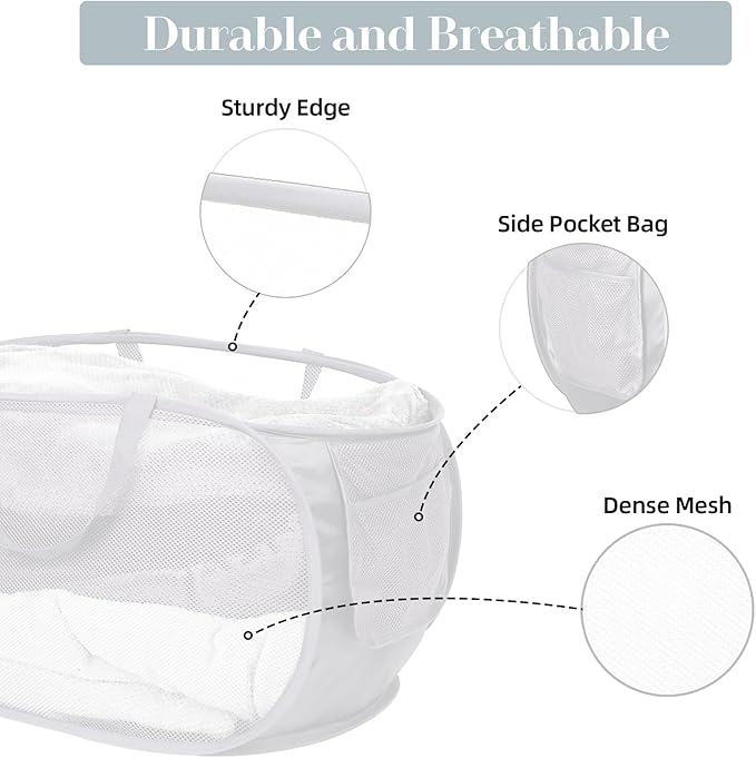 2 Pcs Durable Collapsible Laundry Baskets - Reinforced Mesh Pop Up Laundry Hamper with Pocket, Foldable Dirty Clothes Hamper with Carry Handles for Laundry, Bathroom, Kids Room, Dorm or Travel White