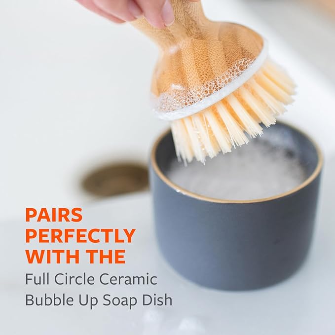 Full Circle Bubble Up Bamboo Dish Brush–Family Safe, Formaldehyde-Free– Ergonomic Palm Scrubber with Handle for Kitchen Cleaning, Dish Scrub Brush for Nonstick, Cast Iron & Sink,White