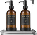 Luxspire Soap Dispenser Set, Hand Soap Dispensers with Fast Drying Tray, 17 oz Glass Refillable Liquid Bottle for Bathroom & Kitchen, Kitchen, 2 Pack, Brown + Dark Gray