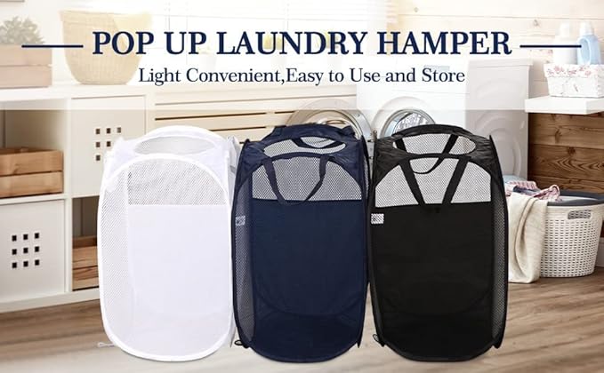 AQQA 9 Pcs Mesh Popup Laundry Hamper Set, Black/White/Blue, Durable Handles, Foldable, Sturdy Mesh Construction, Ideal for Kids, Teens, Adults, College Dorm, Camping, Hotel, Travel (Pack of 2)