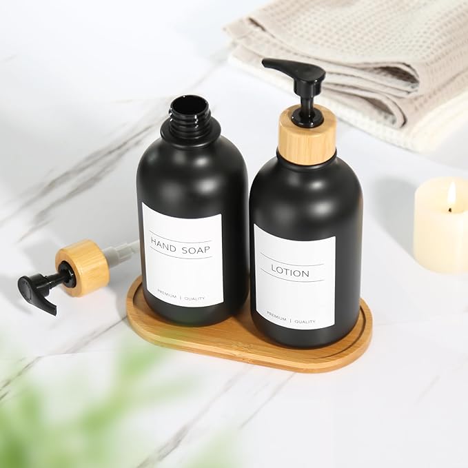 Hand and Dish Soap Dispenser Set, Plastic Kitchen Soap Dispenser Set with Bamboo Tray, 17 Fl Oz Black Soap and Lotion Dispensers Sets with 4 Pack Labels for Kitchen & Bathroom Countertop