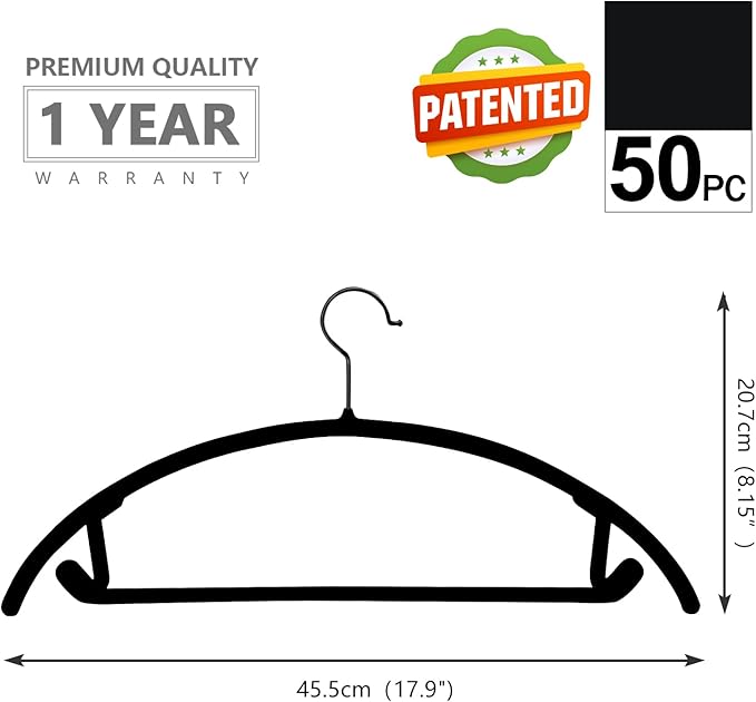 MIZGI Premium Velvet Hangers 50 Pack Heavyduty- Non Slip No Shoulder Bump Suit Hanger - Black Hooks,Space Saving Clothes Rounded Shape for Coat,Sweater,Jackets,Pants