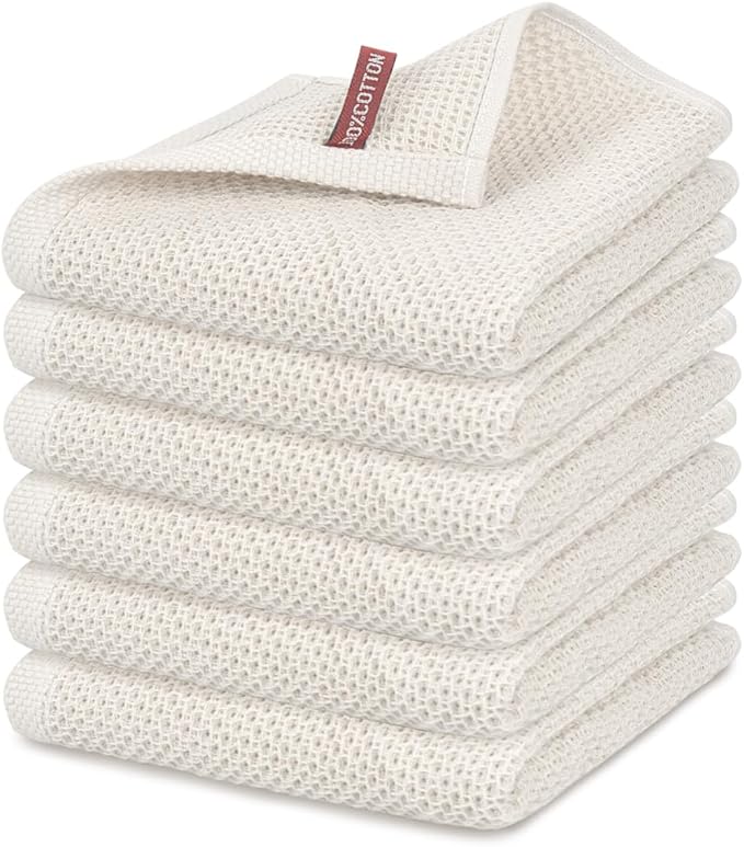 Nialnant 6 Pack Kitchen Towels,100% Cotton Waffle Weave Dish Towels for Drying Dishes,Extra Soft & Absorbent Hand Towels-13 x 28 Inch,Beige