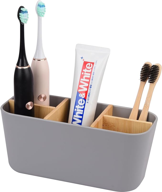 Toothbrush Holders for Bathrooms, Bamboo Tooth Brush Holder with 5 Slots Bathroom Vanity Organizer Countertop for Electric Toothbrushes, Toothpaste, Razors - Gray