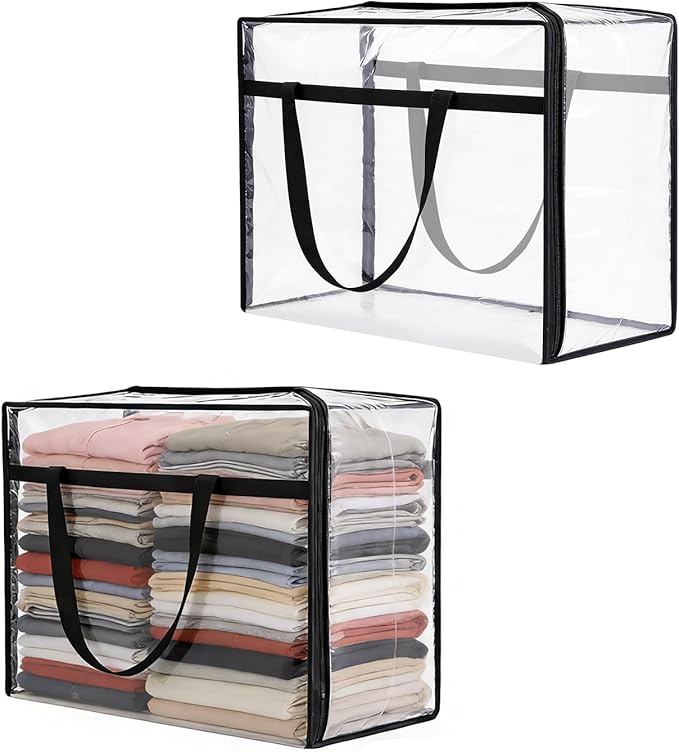 40L Clear Storage Bags Plastic Blanket Storage Bag Foldable Moving Organizers Containers with Zipper for Bedding Blanket Clothes Under Bed Holder - 2 Pcs