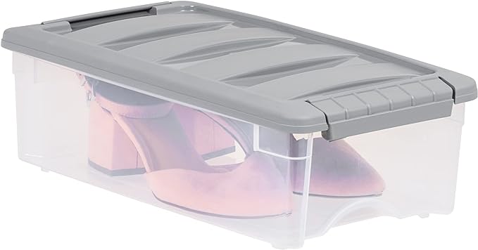 Amazon Basics Plastic Storage Containers with Secure Latching Lids, Stackable Organization Bins for Organizing, Clear/Grey, 5 Quart, Set of 10