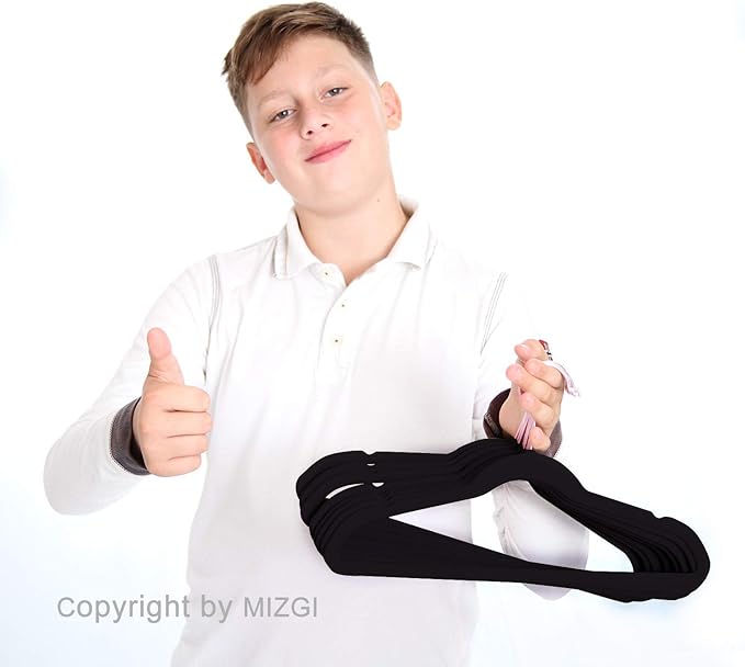 MIZGI Kids Velvet Hangers,Non-Slip Big Kids Hangers,14 Inch Hangers for Youth,Teen Clothes,Pack of 50（Black/Rosegold）