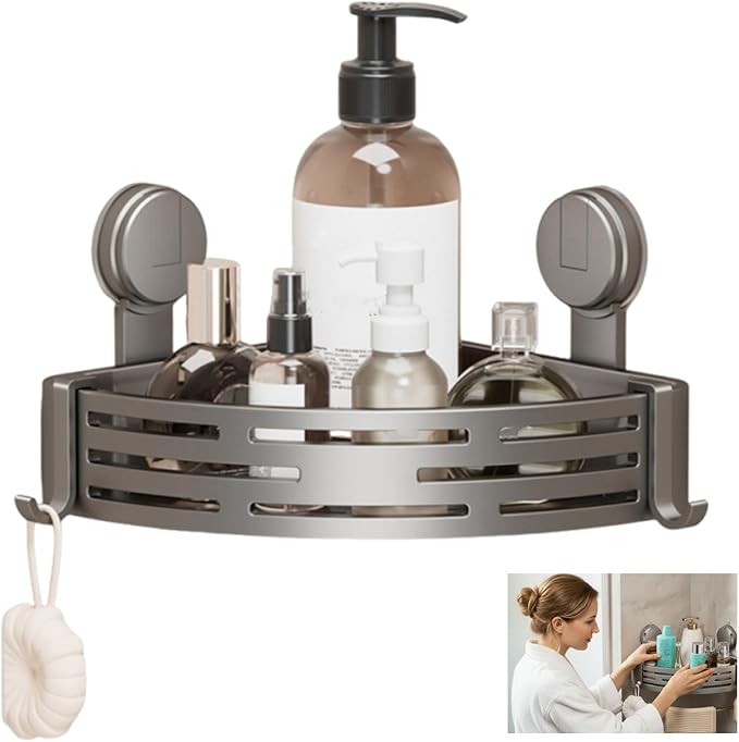 Xarewx Triangle Suction Cup Shower Caddy, No-Drill Bathroom Corner Shelf, 2-Tier Bathroom Organizer with Hooks & Towel Bar, Rust-Resistant, Heavy Duty Shower Corner Rack for Smooth Surfaces (Normal)