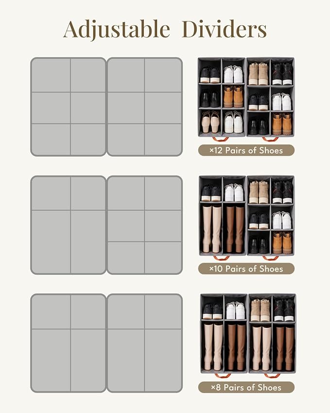 Smell Proof Shoe Organizer for Closet - Adjustable Dividers & Clear Lid. Foldable Shoe Storage Box with Activated Carbon Lining for Gym Sneakers, Running Shoes & Boots