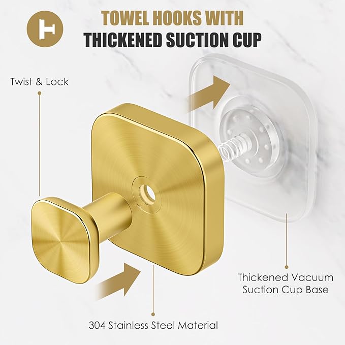 BKV Suction Cup Hooks for Shower,Heavy Duty Shower Hooks for Bathroom Wall,Glass Windows,Smooth Doors to Hang Towels,Robes,Coat,Reusable Suction Cup Wreath Hanger for Christmas Wreaths-Gold(4 Pack)