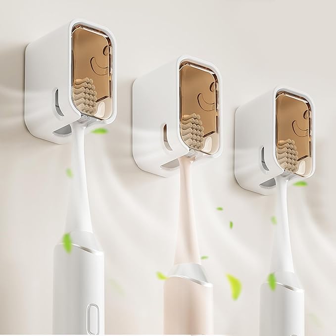 3 Pack Toothbrush Holders for Bathroom, Self Adhesive Wall Mounted Toothbrush Holder with Cover, Single Toothbrush Dispenser Storage Organizer for Family, Travel, Waterproof and Dustproof (Brown)