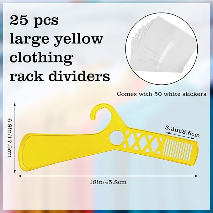 DoubleFill 25 Pcs Large Closet Dividers and 50 Pcs White Blank Cards 18 Inch Clothing Rack Size Dividers for Hanging Clothes, Yellow Garment Rack Tag for Clothes Organization