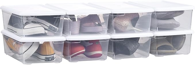 6 Quart Stackable Plastic Storage Shoebox, BPA-Free Nestable Container with Latching Lid to Organize Shoes, See-Through Box for Home and Office, Multi-Purpose Clear Bins (White, 8 Pack)