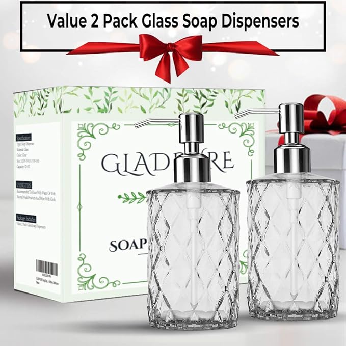 GLADPURE Soap Dispenser - 2 Pack, 12 Oz Clear Diamond Design Glass Refillable Hand Soap Dispensers; with 304 Rust Proof Stainless Steel Pump, Lotion Dispensers for Kitchen, Bathroom