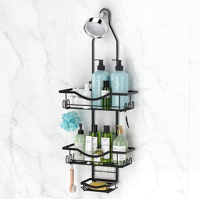 Shower Caddy Hanging Adjustable Shower Caddy, Rustproof Shower Organizer Extended Length Shower Caddies Over Shower Head with Hooks Soap Holder, Large Capacity Anti-Swing Bathroom Organizer, Black
