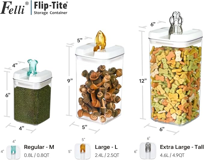 Felli Flip Tite Pet Food Container with Airtight Lids, BPA FREE Acrylic Canister with Paw Bone Fish Flip Top Handles for Cat Dog Kibble Treats Storage, Keep Fresh (Pet Collection Nest-L 3pk)