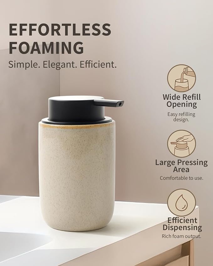 BosilunLife Foam Soap Dispenser - Ceramic Foaming Hand Dispenser for Bathroom Modern Farmhouse Small Soap Dispenser Hand Pump Dispenser for Kitchen Sink (Greige with Speckle, Foam Pump)