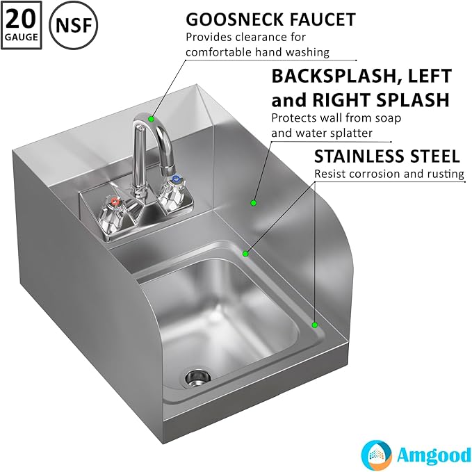 AmGood Stainless Steel Wall Mount Hand Sink with Faucet and Sidesplash 12" x 16" | NSF Commercial Hand Washing Basin For Restaurant, Kitchen and Home | Bowl Size: 9" x 9"