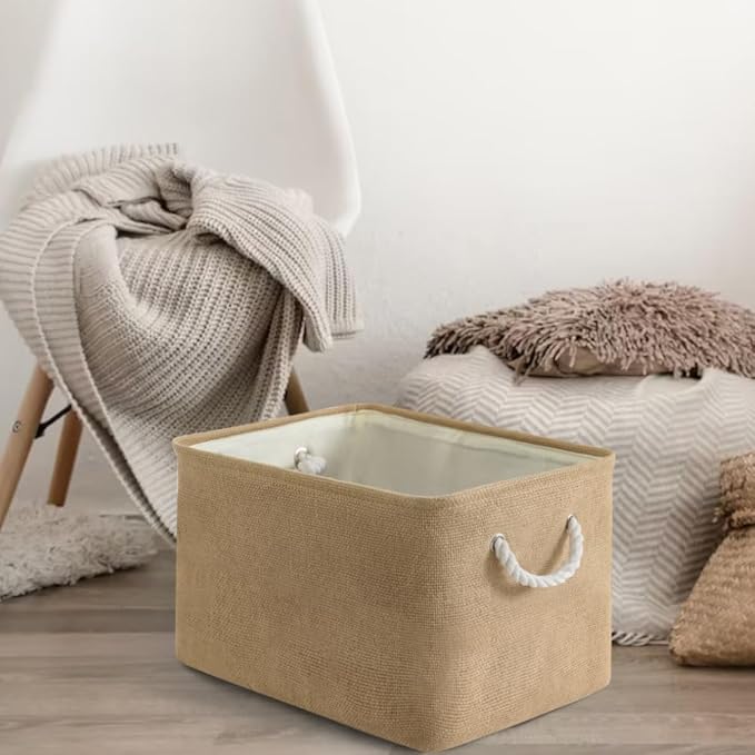 Sacyic Organization and Storage Basket for Organizing - 17X15X12 inch 2 Pack Collapsible Baskets for Shelves, Fabric Storage Cubes with Rope, Storage Box for Cloth Decorative Gift (Beige)