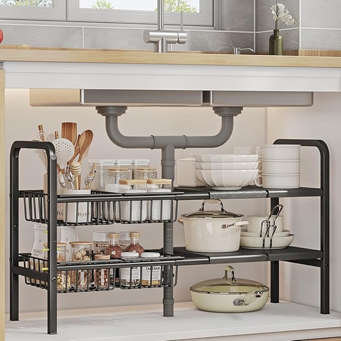 Under Sink Organizer and Storage 2 Tier Expandable Shelves Kitchen Cabinet Crganizers with 4 Baskets and 4 Panels for Bathroom Counter shelf Pantry