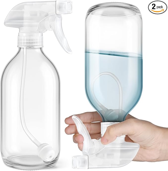 Tecohouse 2 Pack 360° Glass Spray Bottles Clear, 16 oz Empty Refillable Containers with Adjustable Spray Nozzles, Spray Bottles for Cleaning Solutions and Plants
