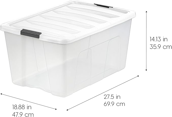 IRIS USA 94 Qt Stackable Plastic Storage Bins with Lids, 4 Pack - BPA-Free, Made in USA - See-Through Organizing Solution, Latches, Durable Nestable Containers, Secure Pull Handle - Clear/White