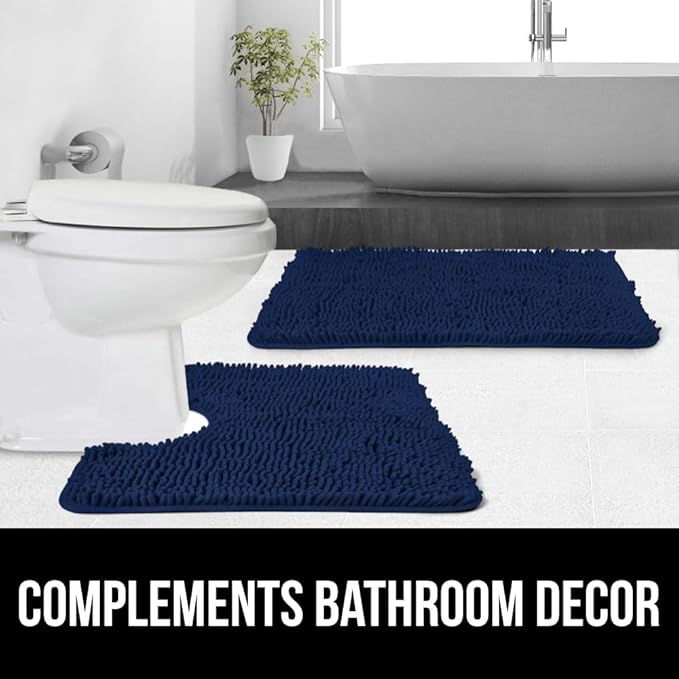 GORILLA GRIP Plush Absorbent Shaggy Chenille Bath Rug Mat for Square Toilet Base with Rubber Backing, Machine Washable Rugs, Soft Microfiber Contour Mats for Toilets, Bathroom Decor, Navy
