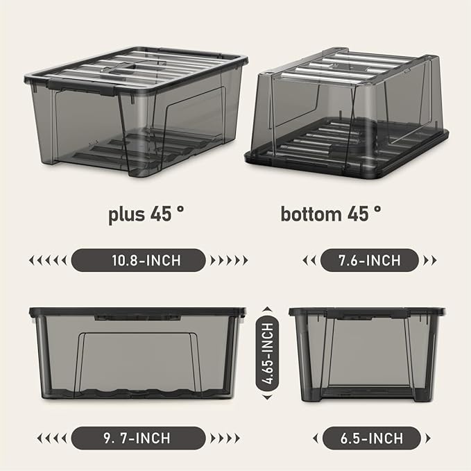 Clear Black Storage Bins with Lids, 12 Pack Plastic Containers with Carry Handles, 5 Qt Stackable Organizer Boxes with Latching Locks for Organizing Items