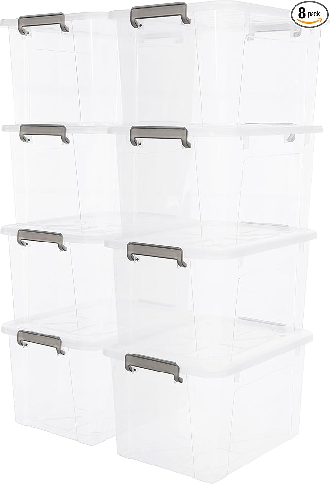 Citylife 44.4 QT Plastic Storage Bins with Latching Lids Stackable Storage Containers for Organizing Large Clear Storage Box for Garage, Closet, Kitchen, 8 Packs