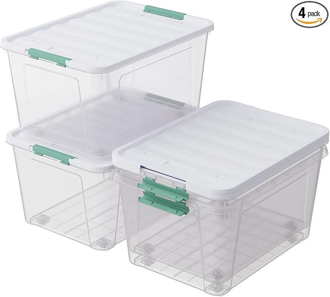 Haodehen 4-Pack Clear Plastic Storage Box with Wheels, 85 Quart Large Plastic Storage Bins with Latch Lids