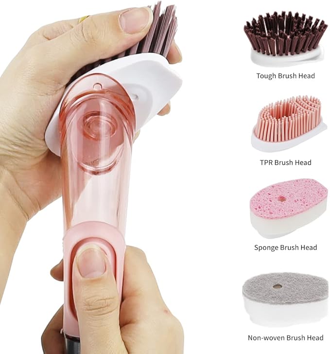 Dish Cleaning Brush, Soap Dispensing Dish Brush Set with 4 Replacement Heads and Storage Holder, Kitchen Scrub Brush for Dish Pot Pan Sink Cleaning (Pink)