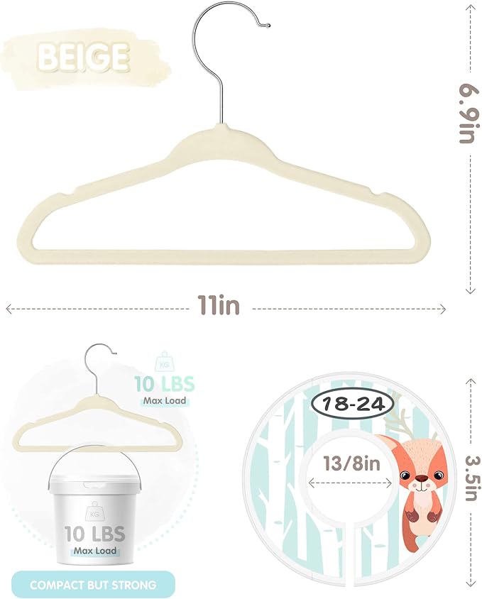 VIS'V Baby Hangers, 11 Inch Velvet Kids Hangers with 6 Pcs Clothes Size Dividers, Infant Toddler Nursery Closet Organization, Non Slip, Beige, 30 Pcs