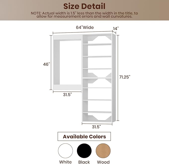 ROOMTEC Modular Closet System, 64" Wall-Mounted Closet Organizer with Hanging Rods and Shelves, Wooden Tower for Walk-In Closets, Wardrobe Storage Kit, White
