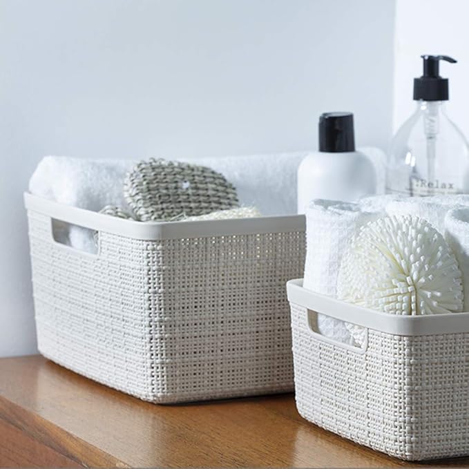 Curver Set of 6 Medium 12L Jute Decorative Plastic Organization and Storage Baskets - Perfect Bins for Home Office, Closet Shelves, Kitchen Pantry and All Bedroom Essentials, White