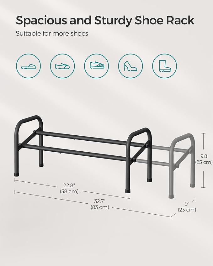 SONGMICS Expandable Shoe Rack, 1 Tier Shoe Rack Shelf, Adjustable Shoe Organizer Storage for 10 Pairs of Shoes, Metal Free Standing Shoe Racks for Closet, Front Door Entryway, Easy Assembly, Ink Black
