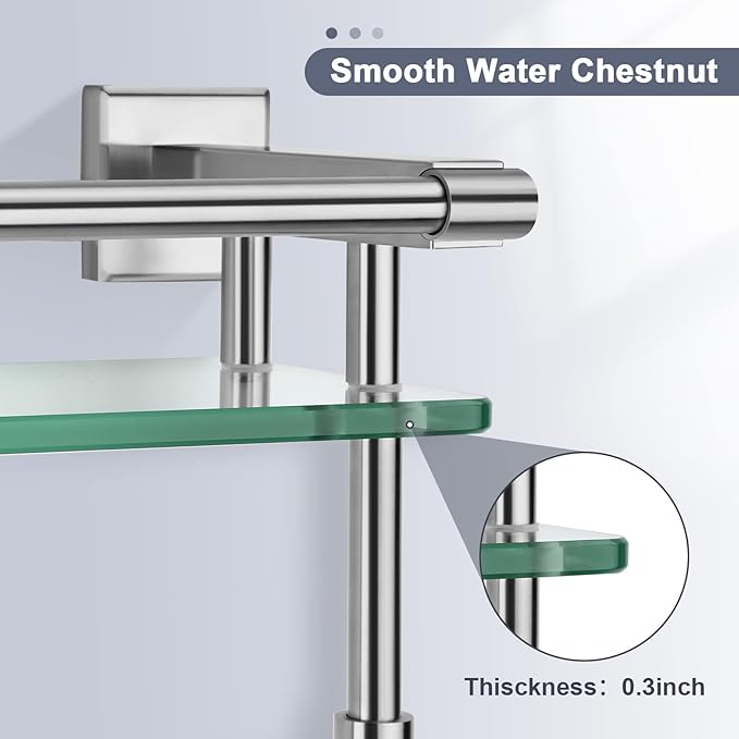 SFGSOWOR Glass Bathroom Shelf with Towel Bar, Stainless Steel Tempered Towel bar/Track Glass Bathroom Shelves Wall Mount Over The Toilet (Brushed Nickel, 20-inch)
