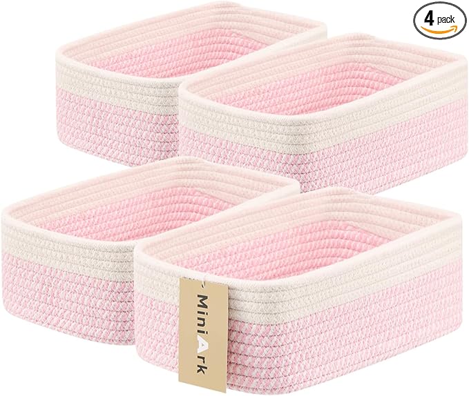 Small Storage Baskets for Organizing | Closet Organizer Bins | Shelf Toy Basket | Woven Rope Baskets | Cube Decorative Box | Shallow Basket | 11.5x7.5x4.7” | 4 Packs White Pink