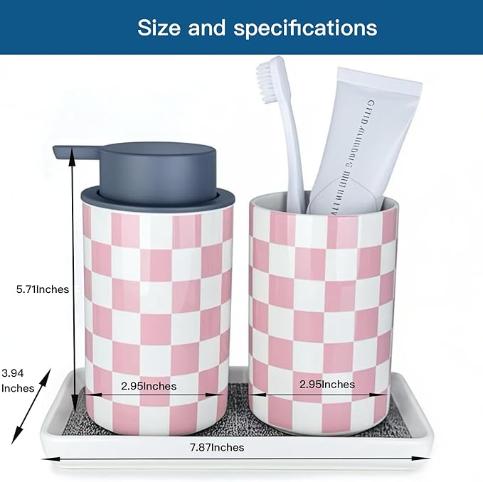 Pink Toothbrush Holder and Soap Dispenser Set, Ceramic Bathroom Accessory Set, Girly Bathroom Accessories Sets, Modern Cute Bath Room Decor for Girls Women-Checkered Pattern