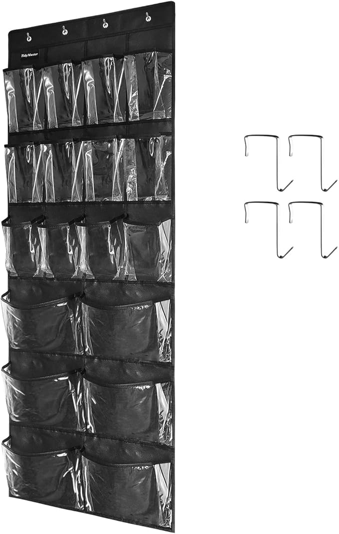 TidyMaster Extra Large Hanging Over Door Shoe Organizer, Closet Shoe Rack - 12+6 Crystal Pockets, 4 Hooks, Black (59"x 21.6")