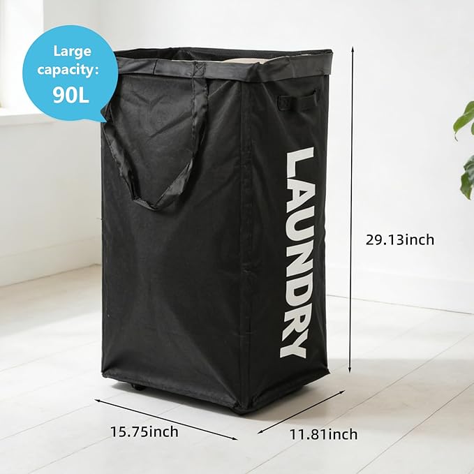 90L Laundry Basket with Wheels,Laundry Hamper with Removable Wash Bag, Rolling Clothes Hamper, Foldable Dirty Clothes Basket on wheels for Bedroom, Dorm, Laundry Room, Black