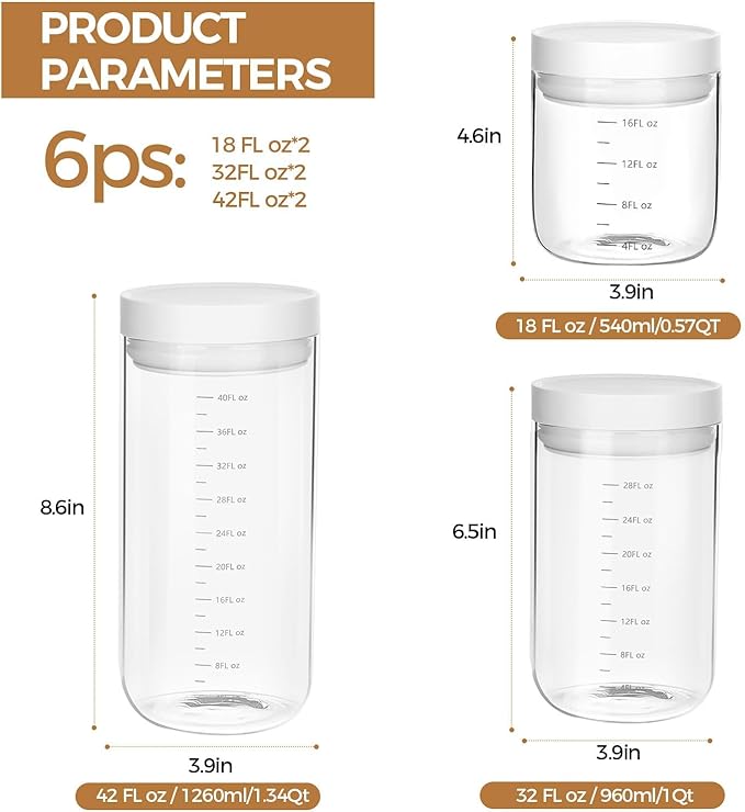 Danbark Set of 6 Mixed Sizes Airtight Glass Storage Canisters with Lids - Pantry Organizers and Storage Glass for Kitchen - for Pantry, Flour, Sugar, Coffee, Tea, Pasta, Rice, and Snacks - White