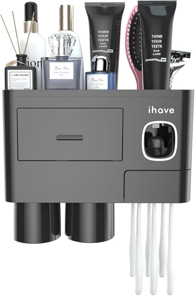 iHave Toothbrush Holders for Bathrooms, 2 Cups Toothbrush Holder Wall Mounted with Toothpaste Dispenser - Large Capacity Tray, Cosmetic Drawer - Tooth Brushing Holder & Bathroom Accessories