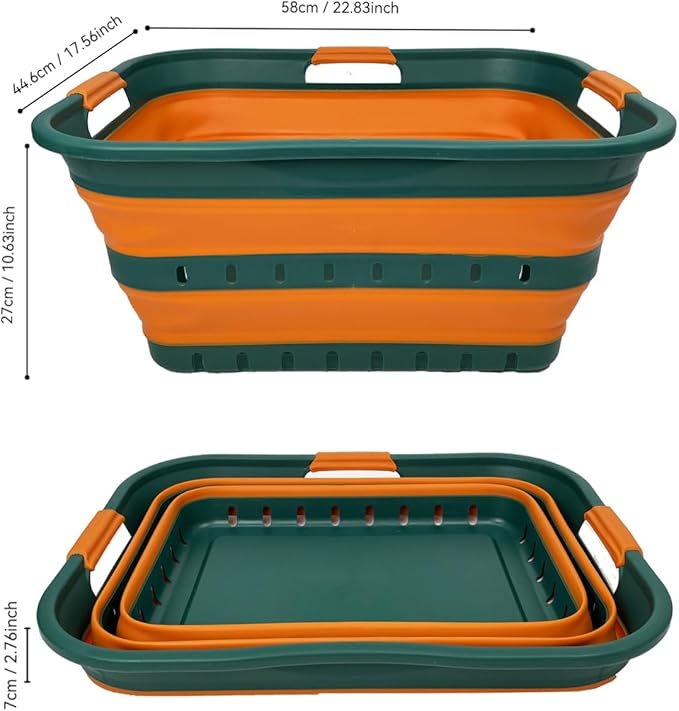 SAMMART 42L (11 gallons) Set of 2 Plastic Foldable Storage Basket/Container - Collapsible, Space Saving and Portable Laundry Hamper, Ideal for Home, Travel, Dorm (2, Teal Green/Autumn leaf)