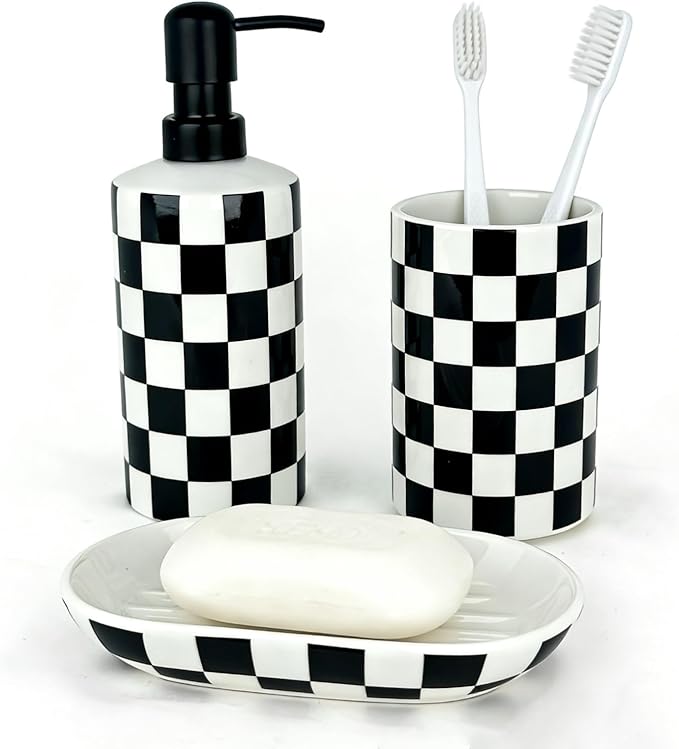 Bathroom Toothbrush Holder Set, Ceramic Soap Dispenser and Tooth Brush Holder and Soap Dish Set, Bathroom Accessories Sets Countertop, Black and White Checkered Bathroom Decor Set