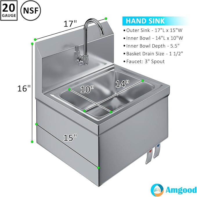 Hands-Free Wall-Mounted Stainless Steel Hand Sink, 17 in x 15 in, with Double Knee Valves and Faucet