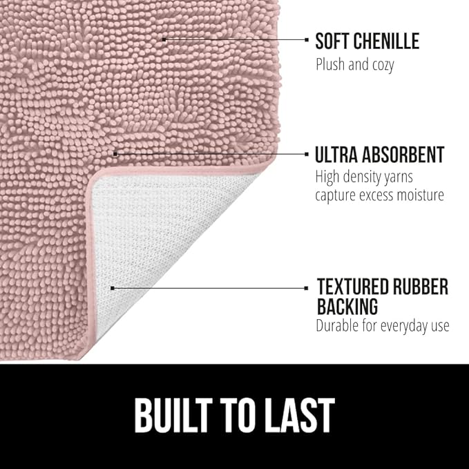 GORILLA GRIP Bath Rug Mat, Thick Soft Absorbent Chenille, Quick Dry Microfiber Mats, Rubber Backing Washable Shower Floor Rugs, US Designed Bathroom Bathmat Home Decor Accessories, 24x17 Dusty Rose