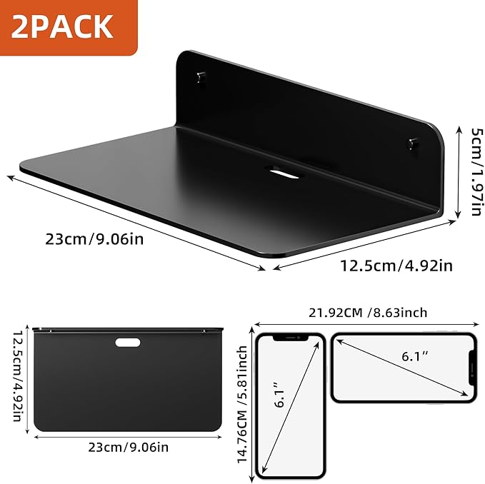 Wisfame Small Adhesive Wall Shelves, 9" Metal Floating Shelf with Cable Hole, Display Ledge for Photo Frame, Figurine, Small Craft, Electronics, (Black, 2 Pack)