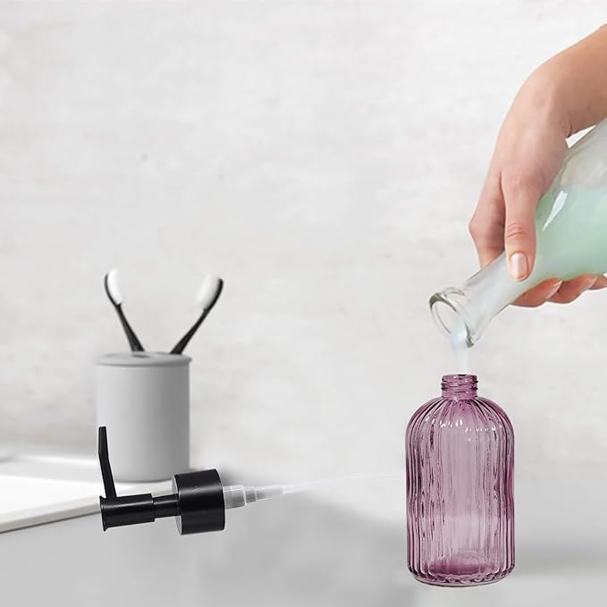 Black Pump Glass Soap Dispenser, 13.5oz Purple Stripe Countertop Refillable Liquid Bottle Hand Dish Lotion Dispenser with Plastic Pump, for Kitchen, Bathroom Countertop